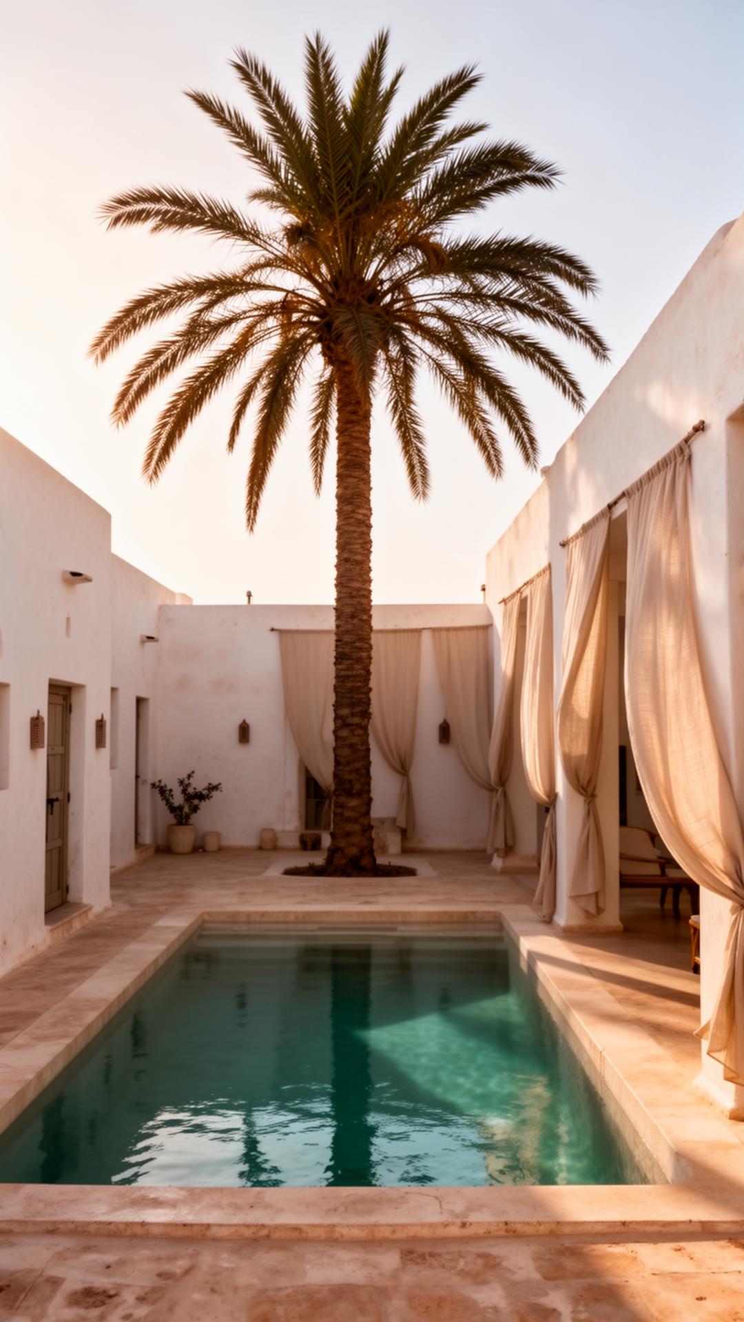 Villa privée à Djerba avec piscine et palmier au coucher du soleil